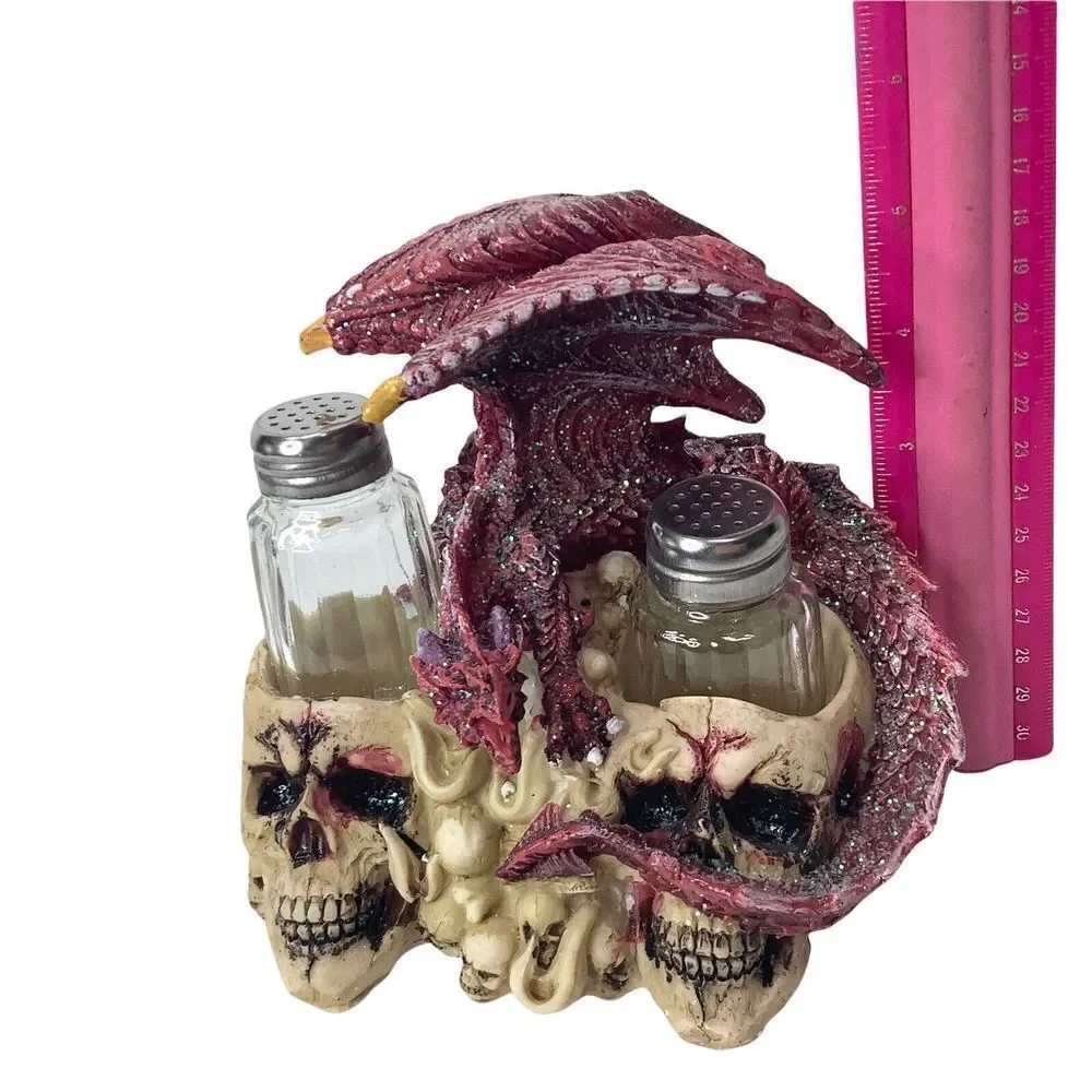 SALT & Pepper‎ Shaker Set Medieval Purple Dragon and Skulls holder